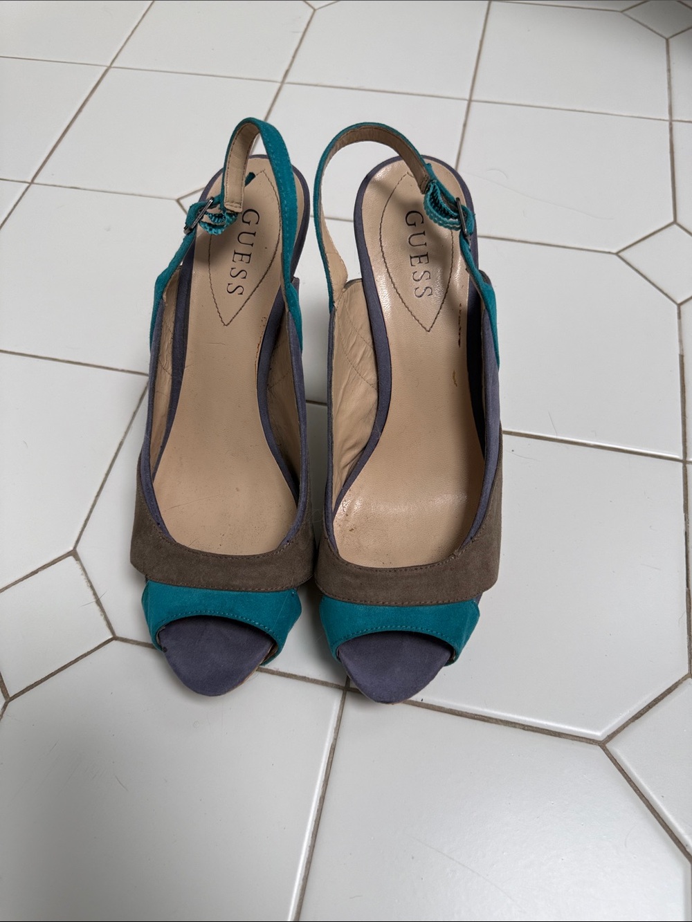 GUESS Teal and Gray Open-Toe Slingback Heels